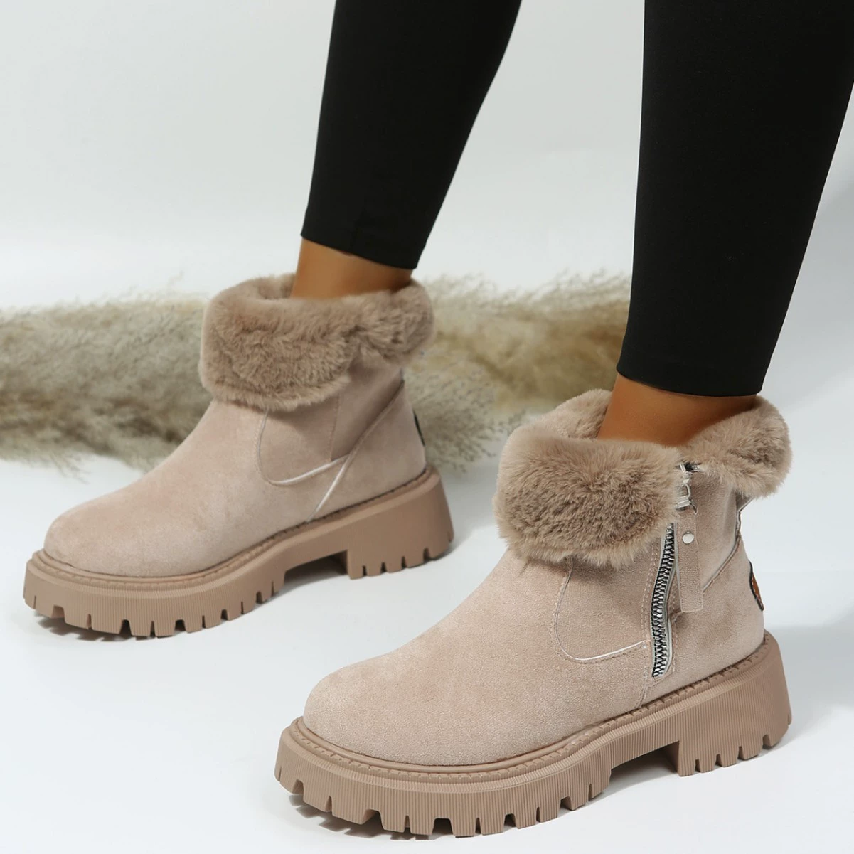 Замки зимние ботинки с высокой флисовой подкладкой (Martens) — досуг ботинки на щиколотку, тёплые, абрикосовый/черный, EU 35–42