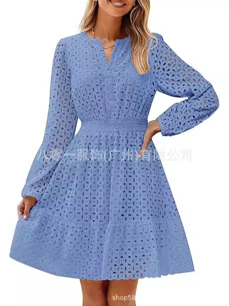 2024欧米の外国貿易クロスボーダー婦人服アマゾンの起爆vネックの透かし彫りの穴の刺繍綿の長袖のワンピース|undefined