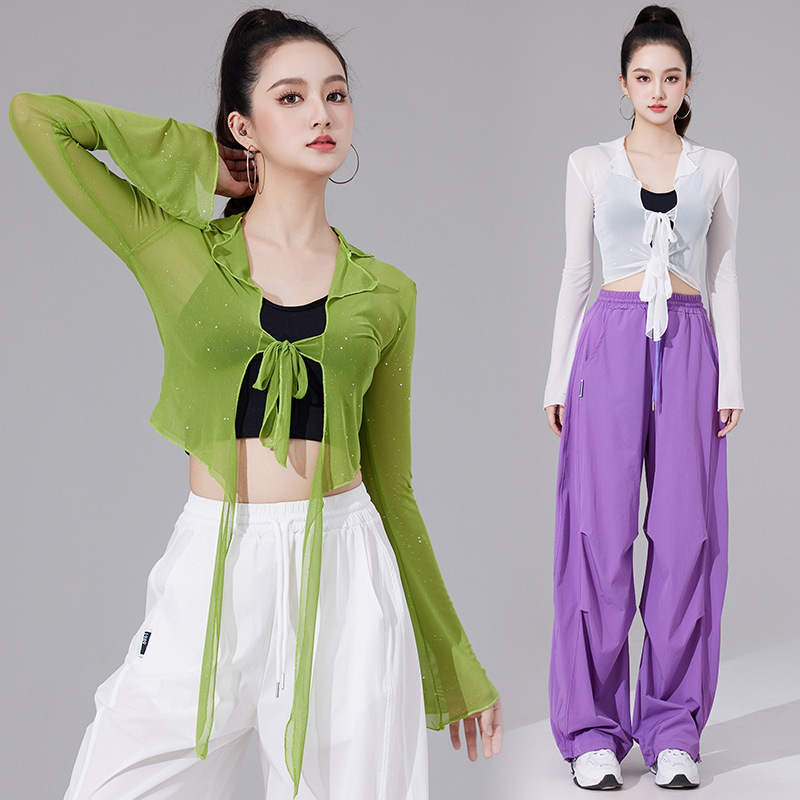 Summer Lapel Silver Sequined Mesh Long-Sleeved Shirt Women's Irregular Design Strappy Sun Protection Slim Top