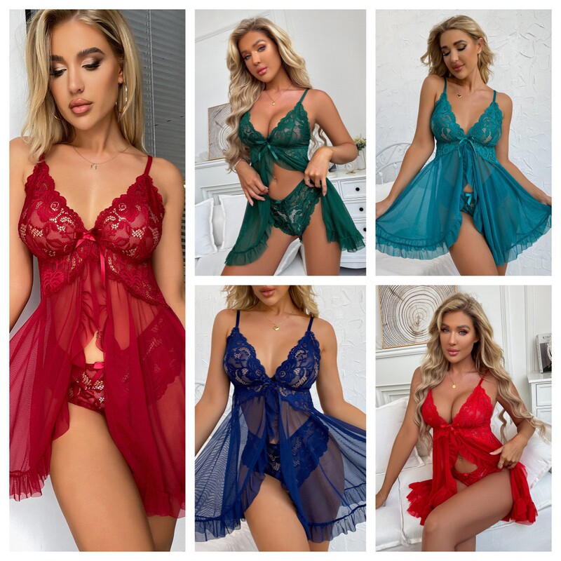Cross-border two-piece lace sexy pajamas European and American sexy lingerie transparent outer women's mesh strap nightdress women