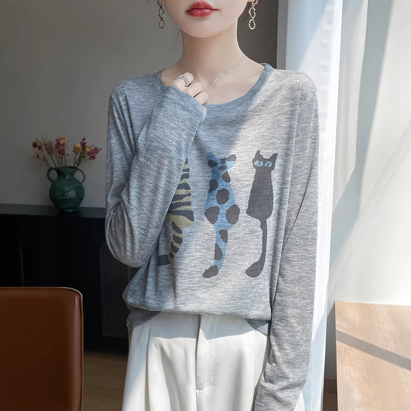 2026 Spring/Summer New Cat Cartoon Lyocell Knit Long Sleeve T-Shirt Thin Loose Pullover Base Shirt