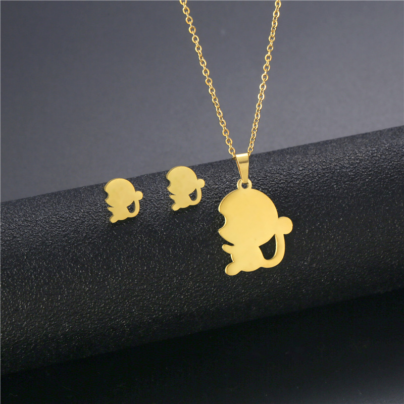 fashion hollow monkey pendant necklace earrings set stainless steel jewelry