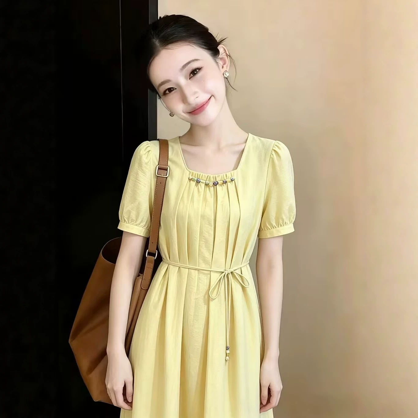 Váy suông cổ vuông tay bồng ngắn kiểu Pháp — xanh lam chi tiết 2