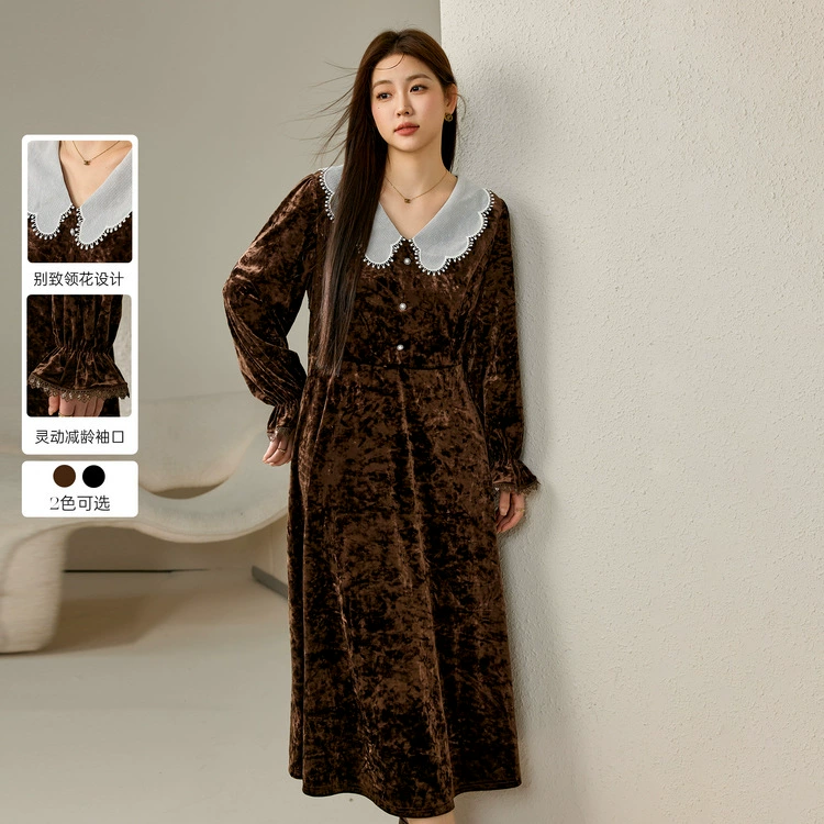 Блестящее шоу большой размер женской одежды французский ретро стиль хепберн шикарный воротник бархатное платье жирный mm2024 осень новый стиль