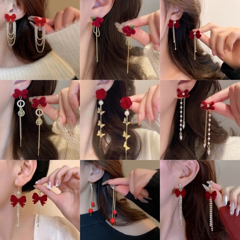 capacious red cute long universal earrings with bow with tassels