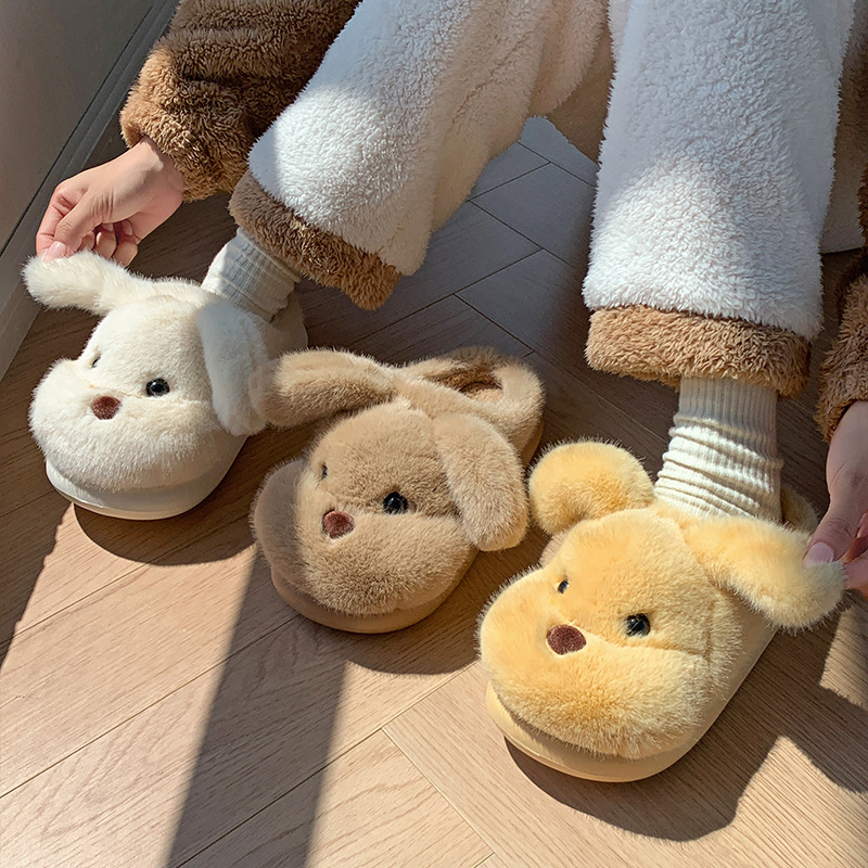 新款厚毛绒小狗毛毛棉拖鞋女冬聚保暖居家室内可爱防滑卡通棉鞋|undefined