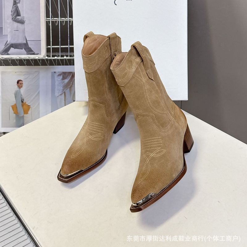西部牛仔靴短靴女磨砂牛皮粗跟高跟靴子尖头复古2025冬新切尔西靴|undefined
