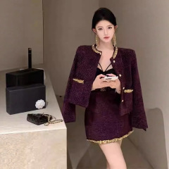 名媛气质小香风套装富家千金感赫本紫色轻奢高级外套半身裙一整套