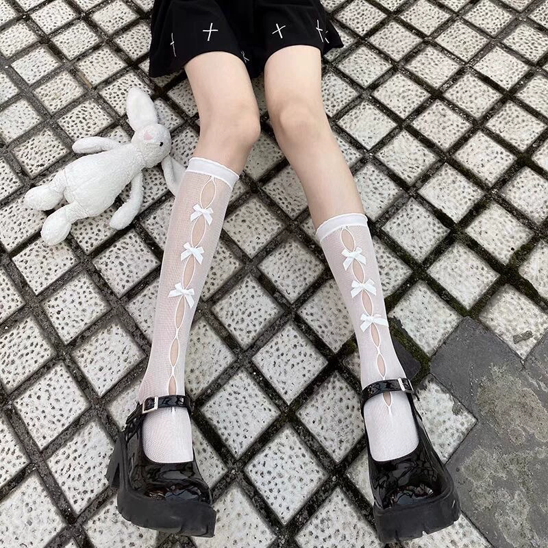 Cute velvet swan, summer thin knee socks with bow, Lolita style, mid-length