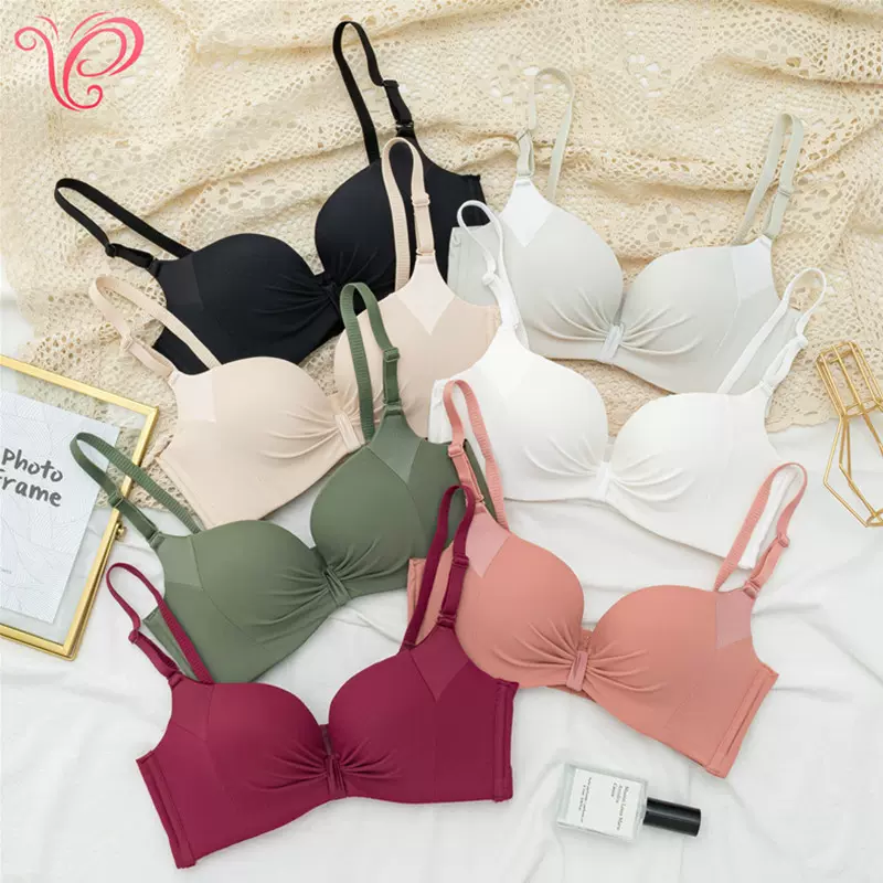 爆款098光面褶皱拼接柔软亲肤棉透气内衣无钢圈小胸聚拢文胸套装
