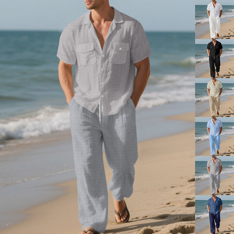 Men's Clothing Men's Casual Linen Lapel Cardigan Autumn Short Sleeved Beach Suit For Formal & Casual Beachwear Casual_viptrois.com