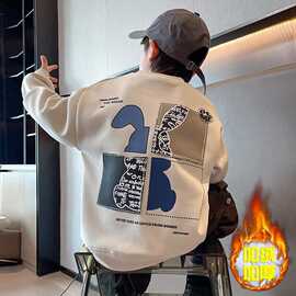 男童圆领卫衣秋冬季2023新款秋冬加绒中大童长袖潮酷韩版兔子上衣