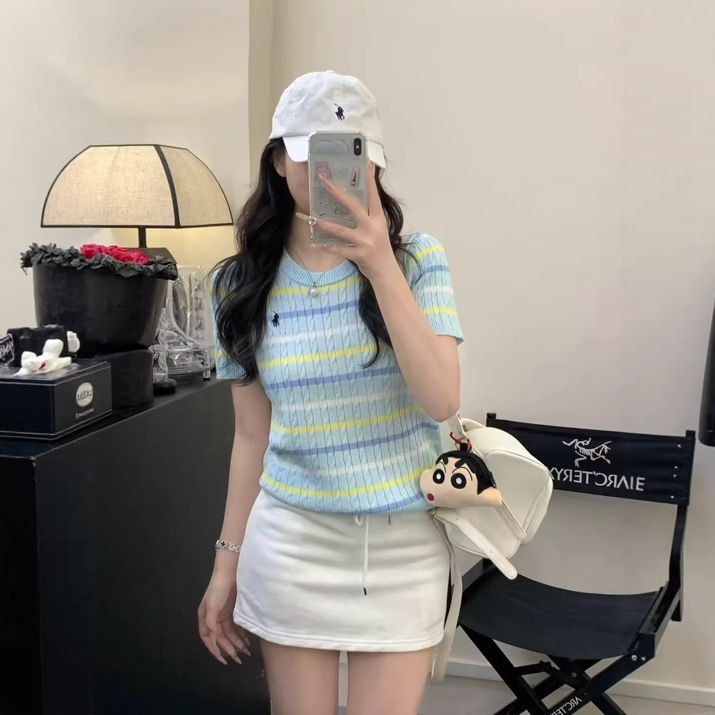Chanel-Style Embroidered Striped Twist Color-Block Short-Sleeve Unique Round Neck Regular Shoulder Daliang Knit Loose Women's Top