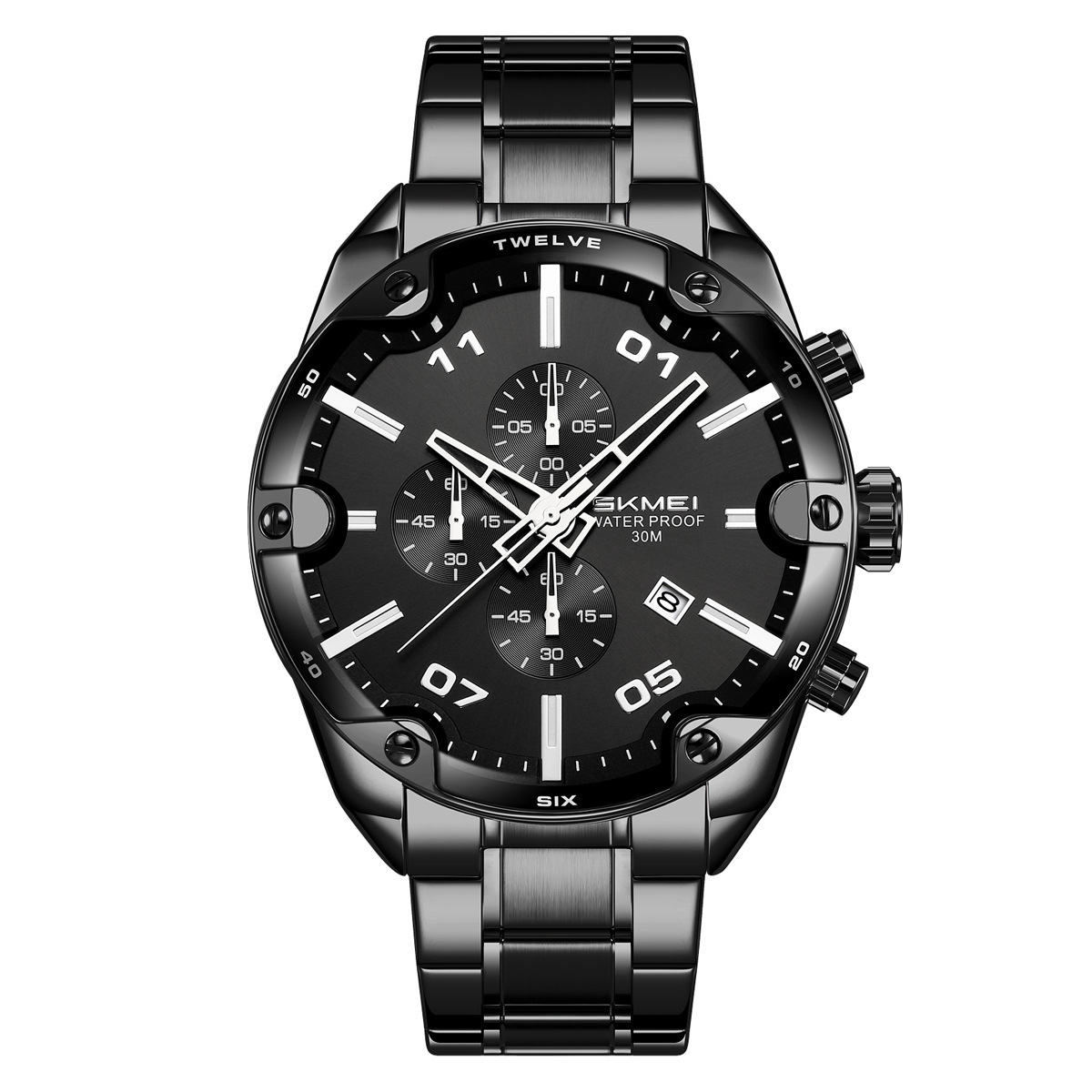 Momento de belleza reloj de hombre tres ojos multifuncional impermeable reloj de hombre correa de acero relojes de pulsera personalizados transfronterizos fábrica al por mayor