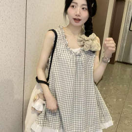 可爱甜美格子上衣女夏文艺森系田园风小个子2025新款无袖背心衬衫