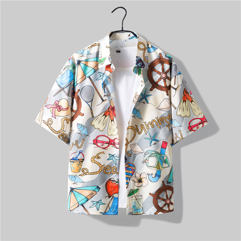Hawaiian flor camisa de los hombres retro Hong Kong estilo casual suelta Hong Kong estilo playa vacaciones pareja manga corta Camisa de moda al por mayor