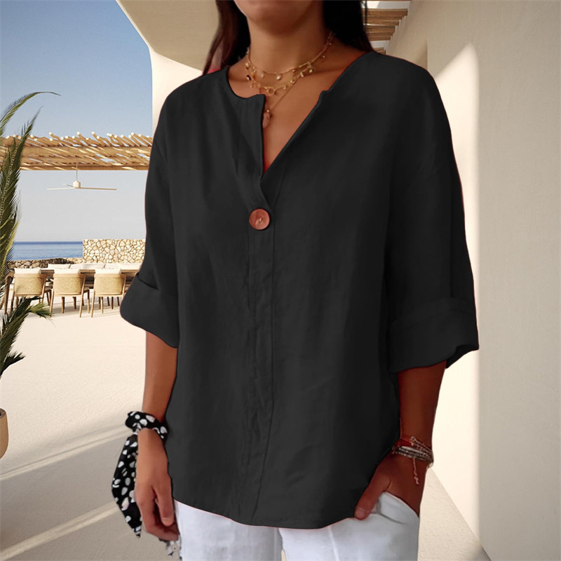 Women's Loose Fit V Neck 7/8 Sleeve Cotton Button Front Tunic Top – Casual Summer Blouse 2026_ecoleips.com
