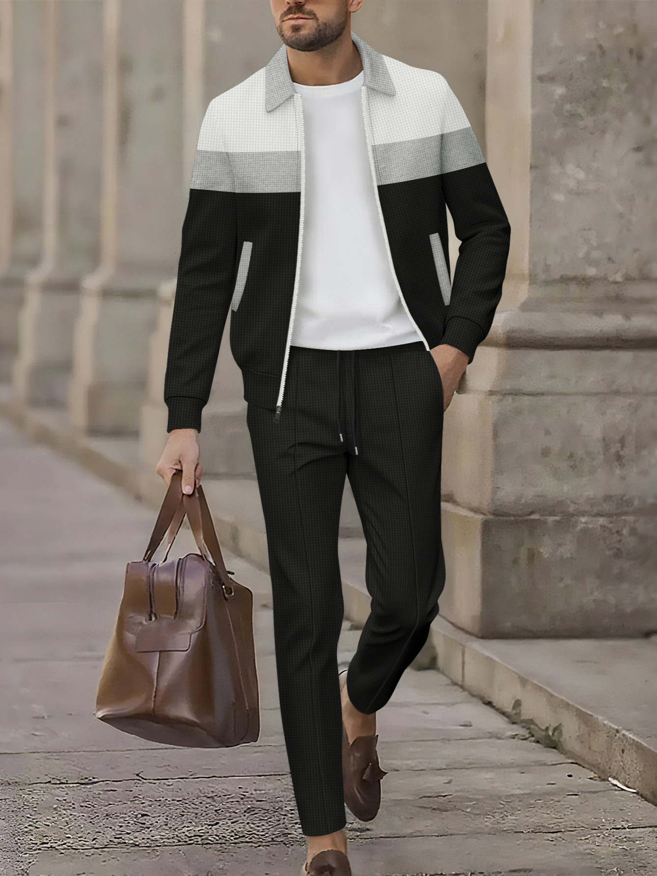 Casual herrset med waffle knit jacka och byxor_voghion.com
