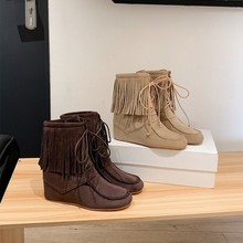 流苏中筒靴女靴2025秋冬新款内增高圆头系带复古牛反绒面马丁靴潮