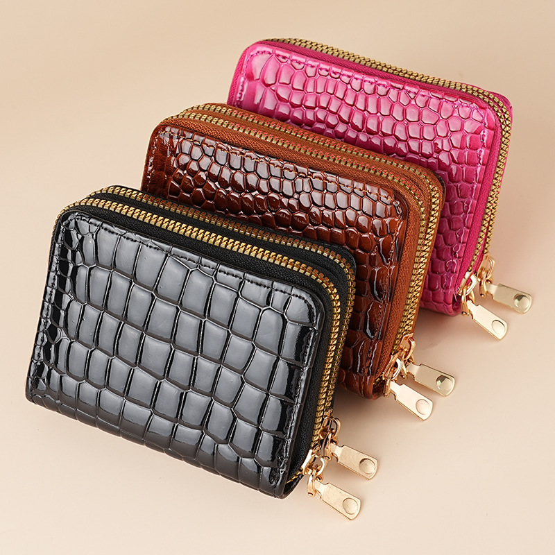 Nuevo resaltado sensación de mano cocodrilo doble cremallera bolso de tarjetas de cambio para mujeres multi-tarjeta billetera de cambio transfronterizo