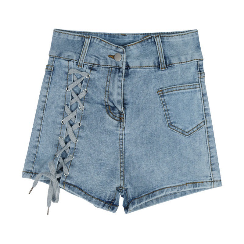 불규칙한 드로스트링 청바지 여성용 하이 웨이스트 슬림핏 스트레이트 슬림핏 팬츠 봄과 여름 바지 타이트 캐주얼 반바지