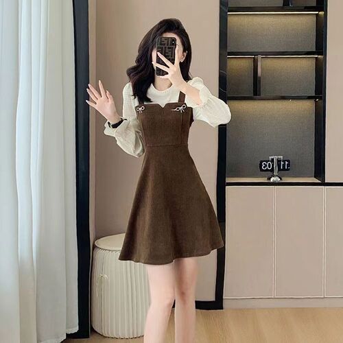Autumn and winter fake two-piece dress, women's spring and autumn new style, small fresh, all-matching, age-reducing waist, slimming mid-length dress, trendy