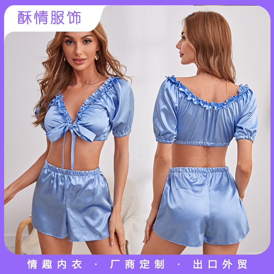 interest Underwear Foreign trade Amazon convenient Home Furnishings pajamas interest Nightdress sexy Women's wear blue K130