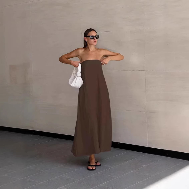 French-Style Cotton and Linen Strapless Vacation-Style High-Waisted Dress with Open Back 2026 European and American Summer Casual Fashion New Long Dress