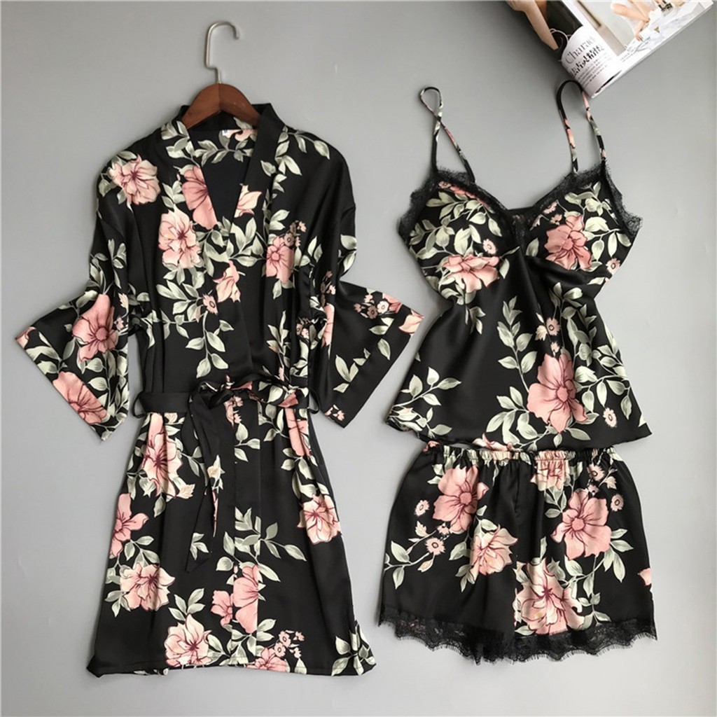 Fábrica al por mayor pijamas de las mujeres imitación Honda dormir suelto cómodo encaje cinco piezas conjunto ropa interior camisón entrega