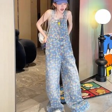 彩色棋盘格破洞连体背带牛仔裤女2025年夏季薄款高腰宽松阔腿裤潮