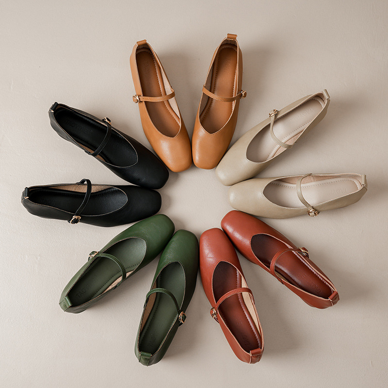 French-Style Buckle Strap Chunky Heel Mary Jane Shoes for Women, New Soft Leather Comfortable Flat Soft-Soled Shallow High-Heeled Shoes