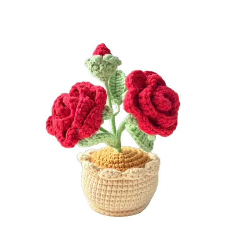 Producto terminado crochet a mano transfronterizo de lana de rosa de doble cabeza en maceta de escritorio decoración del hogar cálido regalo de flores falsas hechas a mano