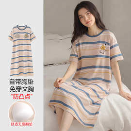 【带胸垫】春秋新款纯棉女短袖睡裙印花休闲女家居服图片色圆领