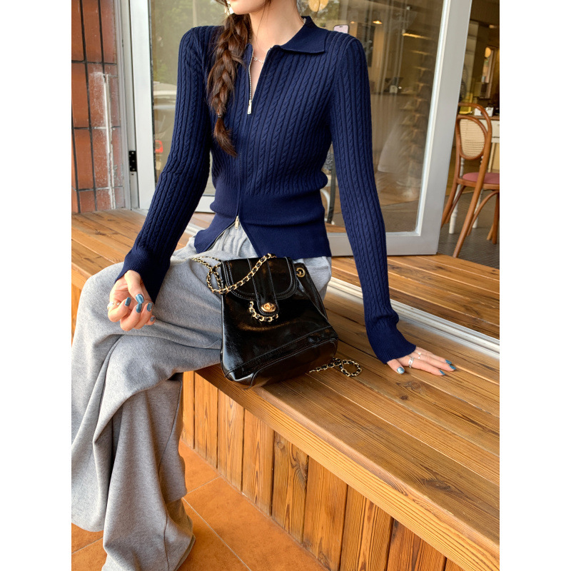 Brand Discount Design Double Zipper Lapel Long-Sleeved Wool Knitted Cardigan for Women 2025 New Early Autumn Short Style