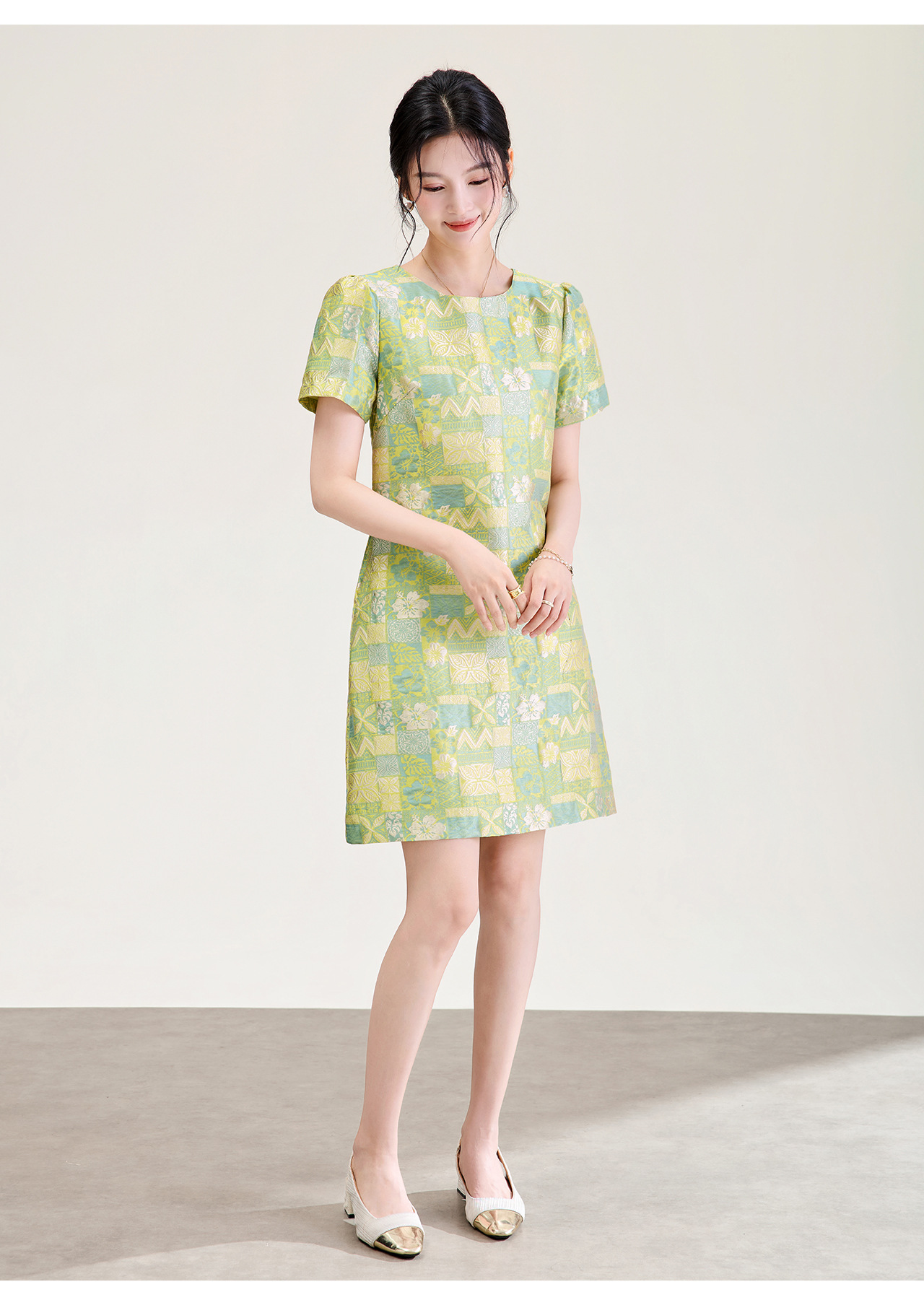 Đầm chữ A nữ jacquard họa tiết hoa nhí phong cách tiểu thư — màu hồng chi tiết 19