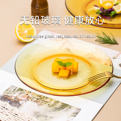 Apple-shaped amber glass plate borosilicate tempered glass tableware plate with European gold edge Western dinner plate for supply