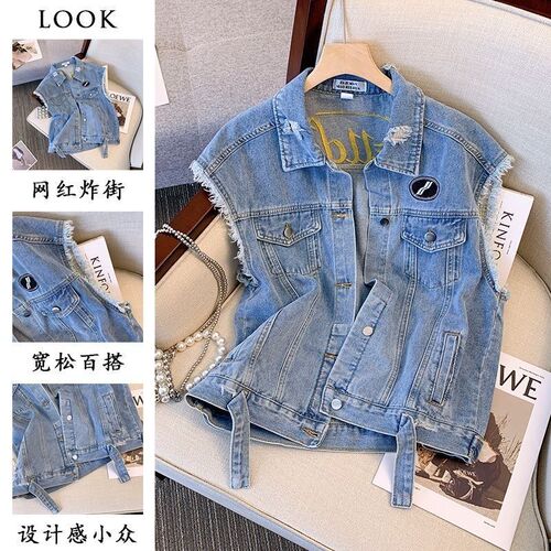 Vest with sleeveless denim coat for women's summer thin small waistcoat casual vest top for spring and autumn