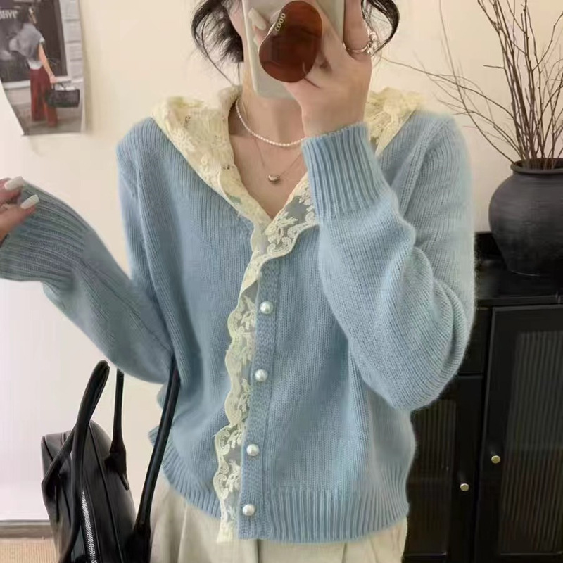 Heavy Industry Lace Stitching Hooded Knitwear Jacket 2024 Autumn and Winter New Korean Style Simple Style Design Top