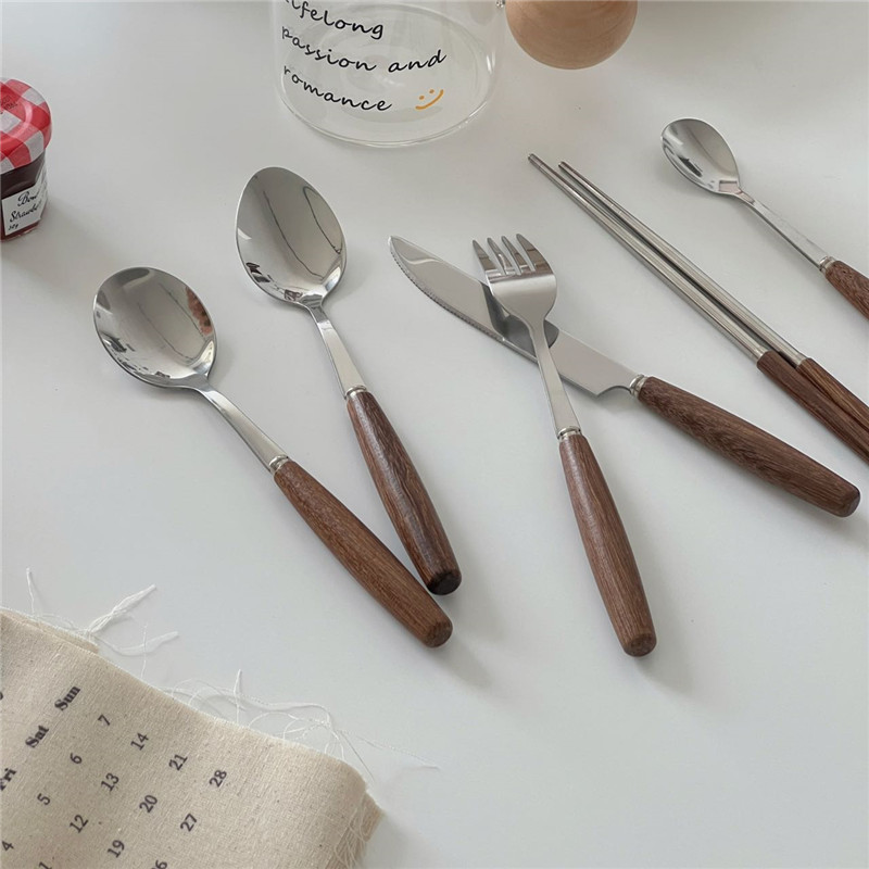 Korean Vintage ins Style Wooden Handle Chopsticks Knife and Fork Spoon Tableware Set Household Rice Spoon Soup Spoon Coffee Spoon Korean Vintage ins Style Wooden Handle Chopsticks Knife and Fork Spoon Tableware Set Household Rice Spoon Soup Spoon Coffee Spoon