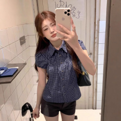 日本のチェック柄半袖シャツ女性の夏のレトロなポロカラーベビードールシャツスリムショートパフスリーブシャツトップ