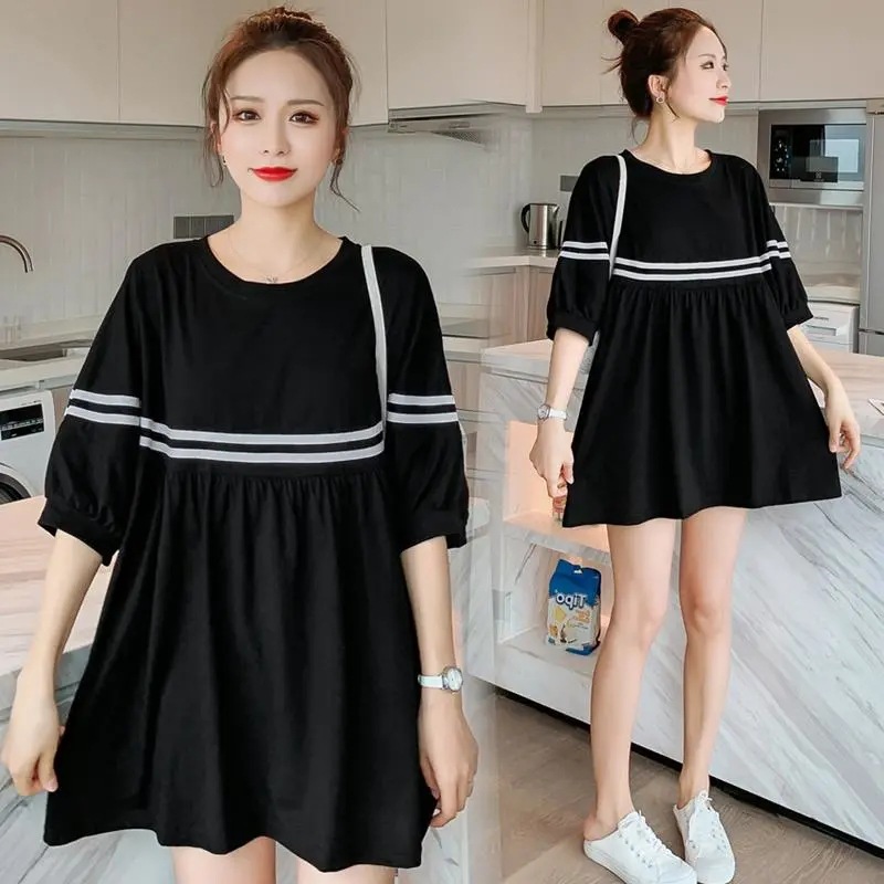 Pregnant women's plus size women's summer medium length loose abdomen covering short sleeve T-shirt dress for 200 pounds pregnant women