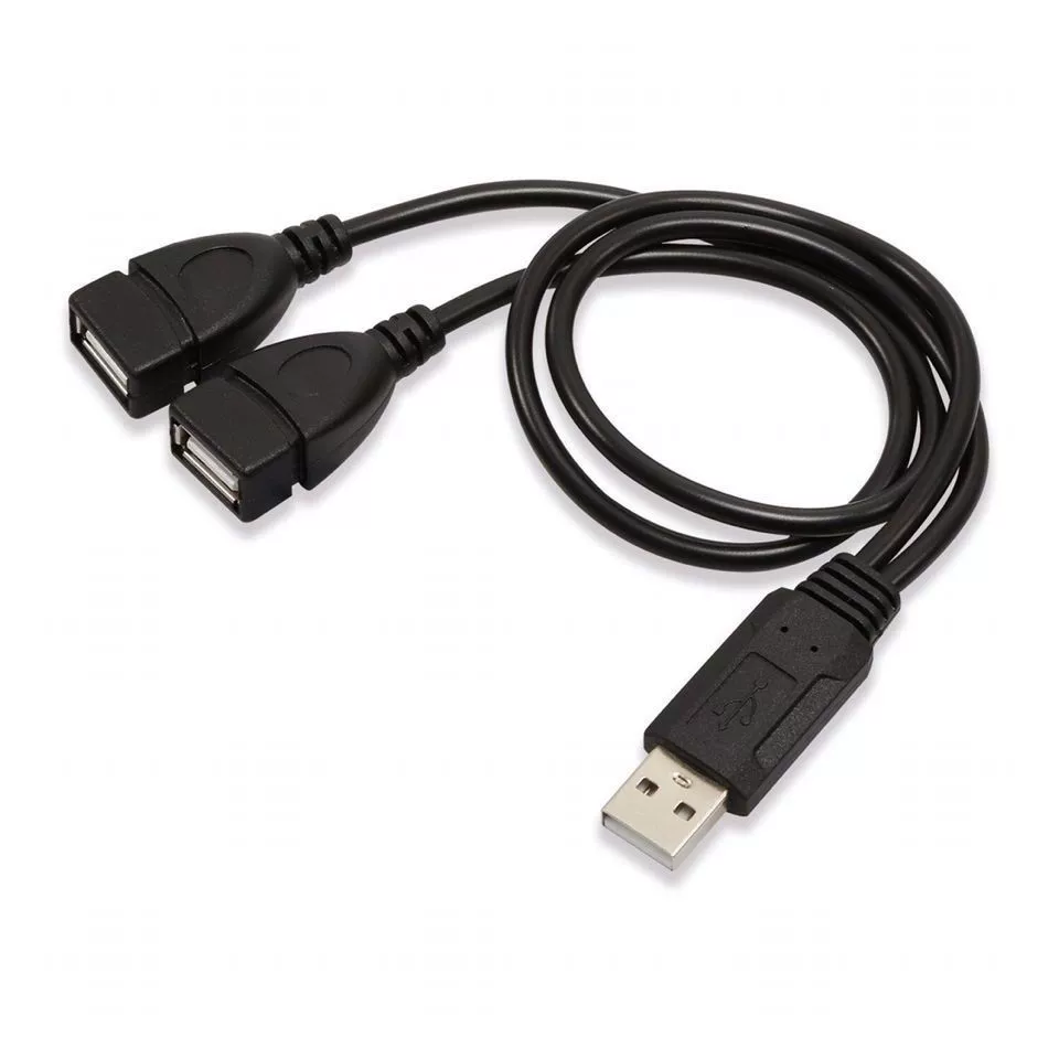 Кабель: от одного источника к двум USB-штекерам, три штекера и два гнезда, один на двоих для передачи данных и включения, удлинительный кабель с двумя USB-гнездами для зарядки