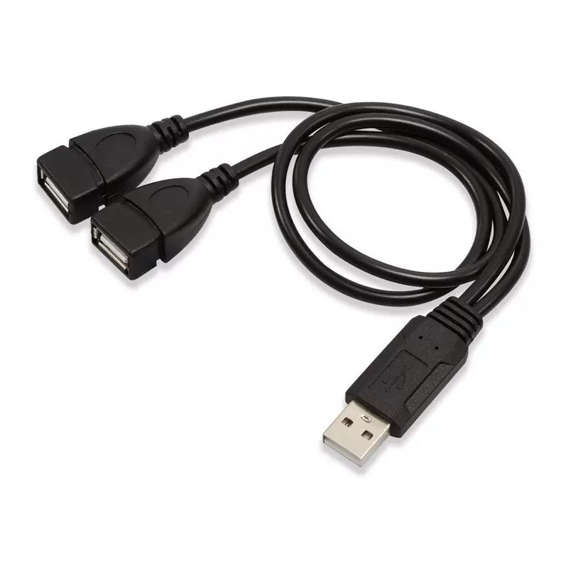 Кабель: от одного источника к двум USB-штекерам, три штекера и два гнезда, один на двоих для передачи данных и включения, удлинительный кабель с двумя USB-гнездами для зарядки