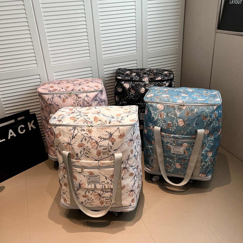 Bolsa de viaje con rueda universal, bolsa de lona de gran capacidad para mujer, almacenamiento de viaje de corta distancia, bolsa de envío de polea de doble capa, bolsa de espera