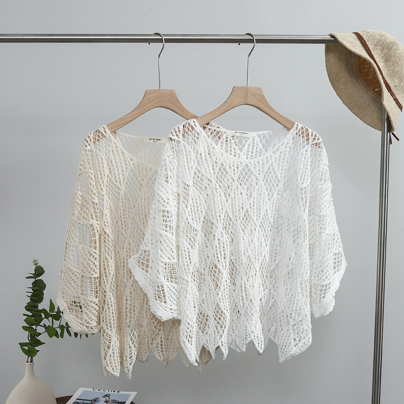 Lace Knitted Pullover Hollow Blouse Top Cropped Thin Loose Bohemian Ethnic Style Outer Wearing Outer Wearing