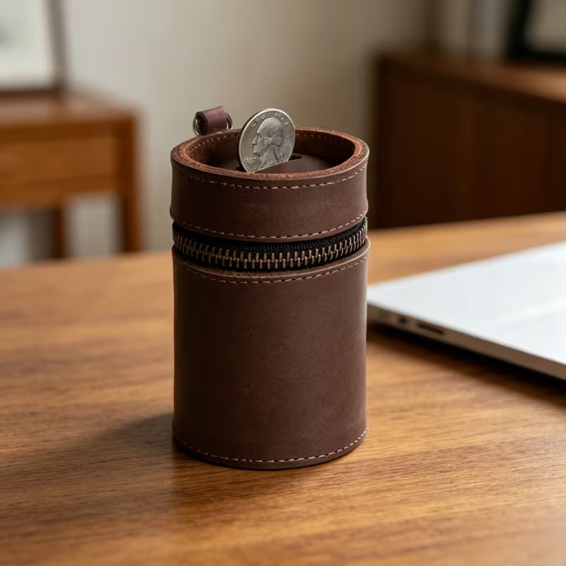 European and American Retro Leather Cylindrical Coin Purse Lipstick Case Portable Earphone Bag Car Key Storage Coin Pouch Compact
