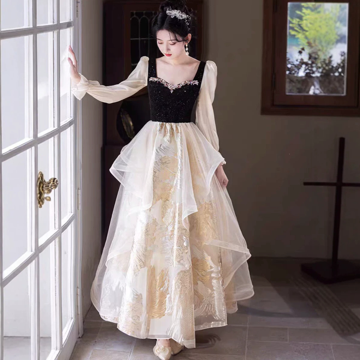 Đầm dạ hội nữ kiểu Pháp cổ yếm dáng suông midi — Màu ảnh 2503