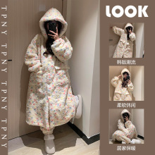 韩系可爱连帽珊瑚绒睡衣女款冬季大码加绒加厚睡袍长裤家居服套装