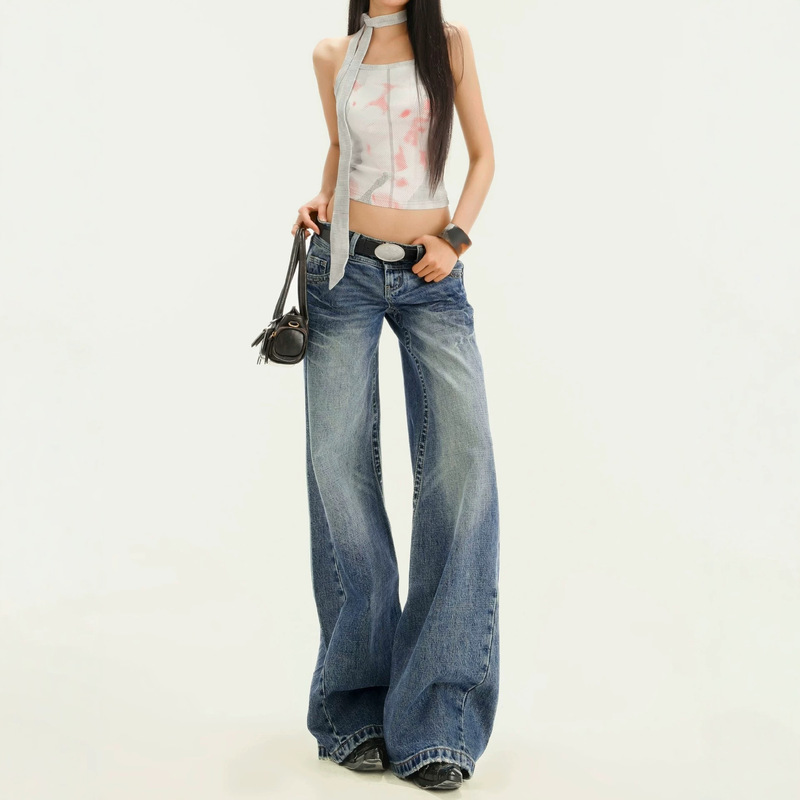 Dark Blue Low-Waist Washed Blue Retro American-Style Flared Jeans for Women, New Slim-Fit Drapey Micro-Flare Floor-Length Pants