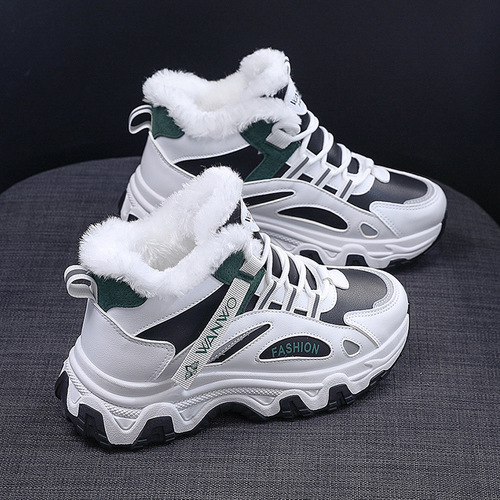 7815 Women's New Black Versatile Leather Surface Ankle Boots for Autumn/Winter with Fleece Flat High-Top Sports Shoes